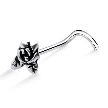 Rose with Leaf Shaped Silver Curved Nose Stud NSKB-755